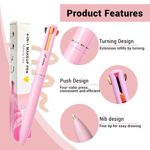 BeauFairy 4 in 1 Makeup Pen, 2 PCS, Eye Liner, Brow Liner, Lip Liner, Highlighter Pen, All in One Waterproof Long-Lasting Multi-function Beauty Pencil, Facial Easy Carry Cosmetic for Wedding (Pink)