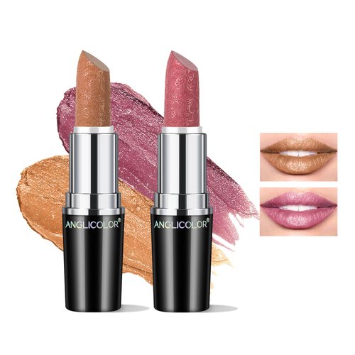 Anglicolor 2pcs Glitter Lipstick High Impact Lipcolor,Nude and Pink Lipstick Moisturizing Creamy Formula,Metallic Lipstick For Women For Vegan & Cruelty-Free,Full-Coverage Lip Color