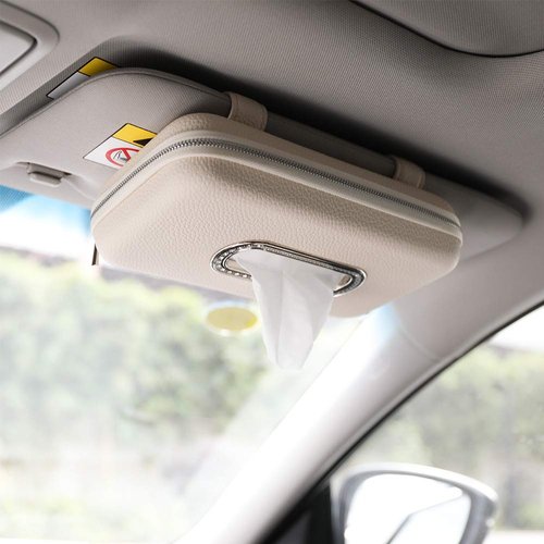 Cartisen Car Tissue Holder, Sun Visor Napkin Holder, Car Visor Tissue Holder, Luxury PU Leather Backseat Tissue Case Holder (Beige)