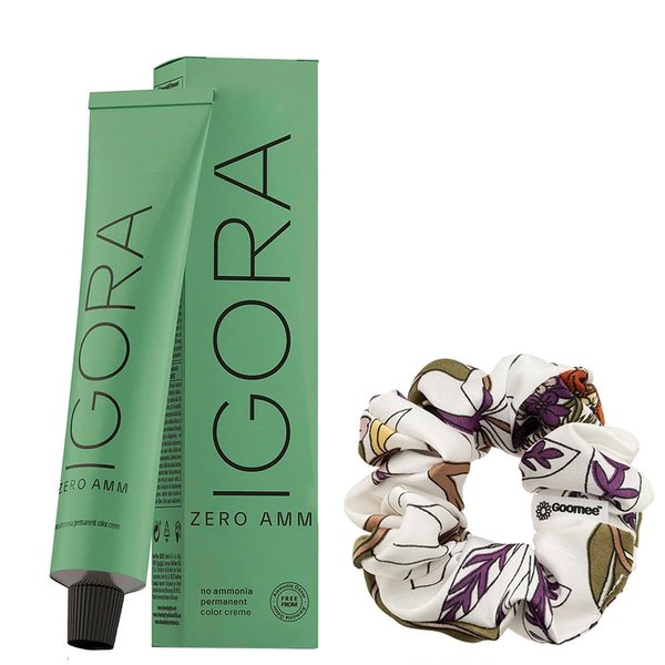 Igora Zero AMM Hair Color 4-13 Medium Brown Cendre Matte | No Ammonia Permanent Color Creme 2.1 oz and Goomee Scrunchie