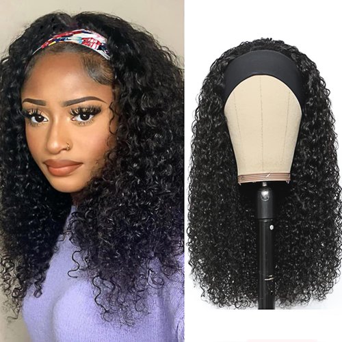 XSY Headband Wig Human Hair Deep Wave 16 Inch Curly Headband Wig None Lace Front Wigs Human Hair Glueless Curly Headband Half Wigs for Black Women 150% Density Natural Color