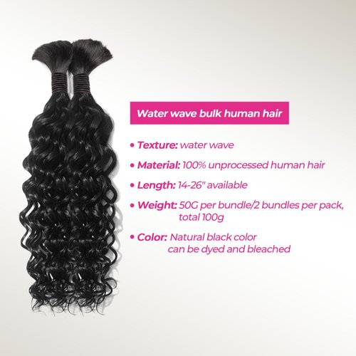 Human Braiding Hair for Boho Braids Human Hair Water Wave 20 Inch 2 Bundles 100g Wet and Wavy Human Hair for Boho Knotless Braids Bulk Boho Human Hair Extensions (Natural color, 20 inch)