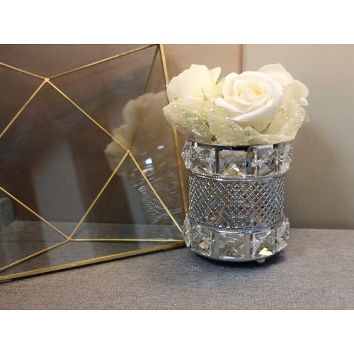 CY craft Silver Makeup Brush Holder Organizer,Handcrafted Vintage Cosmetics Brushes Eyebrow Pencil Pen Cup Collection, Crystal Flower Vase Desk Dresser Decoration and Storage,4.7 x 4 Inch
