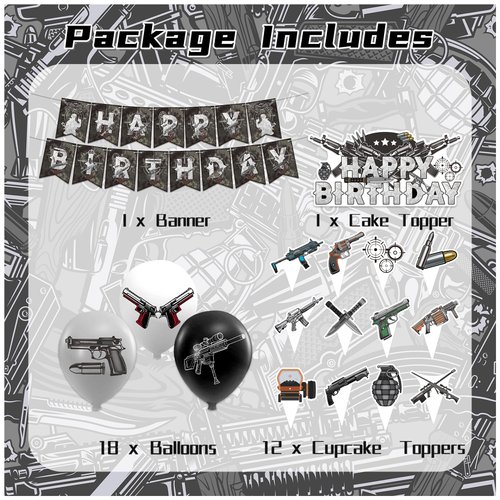 Gun Party Decorations Gun Pistol Shooting Birthday Decorations Set, Gun Party Supplies Includes Birthday Banner, Cake Topper, Cupcake Toppers, Latex Balloons