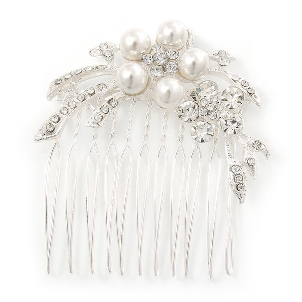 Bridal/Wedding/Prom/Party Rhodium Plated Clear Austrian Crystal, Simulated Glass Pearl Double Flower Hair Comb - 50mm