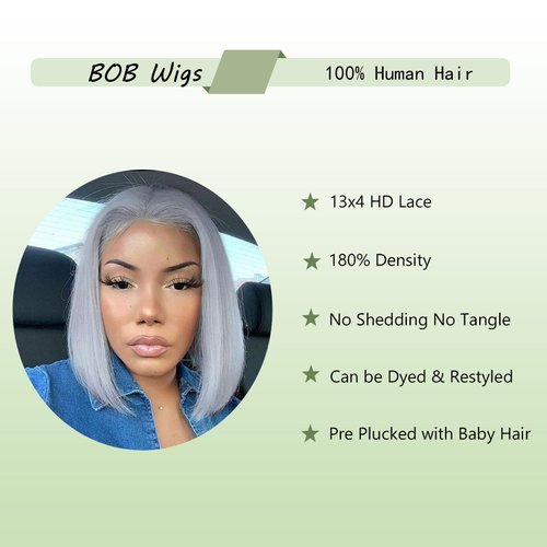 Savasana Grey Human Hair Bob Wig 13x4 Lace Front Glueless Wigs 180% Density 12 Inches Straight Bob Wigs
