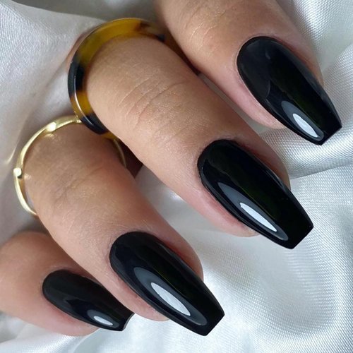 GLAMERMAID Pure Black Press On Nails Medium Coffin, Solid Black Long Fake Nails, Natural Soft Gel Glossy Polish Stick on Nails, Reusable Glue on False Acrylic Manicure Fake Nails Kit for Women Girls