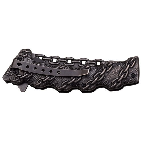 TAC FORCE Spring Assisted Folding Pocket Knife –Stonewashed Finish Stainless Steel Blade and Handle with Sculpted Chain Link Design, Includes Pocket Clip, Tactical, EDC, Rescue - TF-859