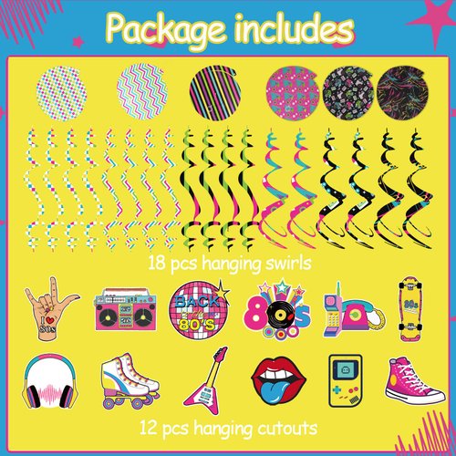 80s Party Birthday Decorations Back to The 80 Hanging Swirls Ceiling Streamers Throwback Retro 80's Theme 1980s Backdrop Party Decor Supplies 30 Pcs