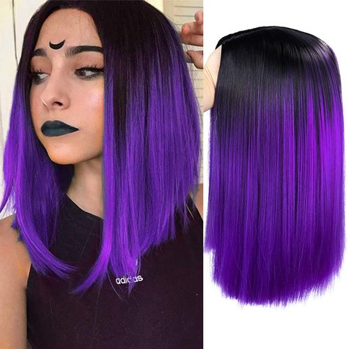HANNE Ombre Black to Purple Wig Short Bob Wigs Shoulder Length Bob Hair Short Straight Hair Bob Wigs for Women Ombre Purple Wig (Ombre Purple)