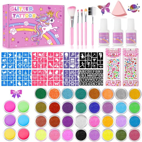 Temporary Glitter Tattoos Kids,32 Glitter Colors and 6 Fluorescent Colors,165 Stencils,2 diamond stickers,3 Glue,5 Brushes,1 Powder Puff,Adults and Kids Arts Glitter Kit,Holiday Gifts for Girls&Boys.