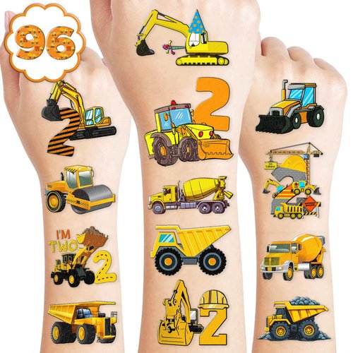100 PCS Construction 2nd Temporary Tattoos Birthday Party Decorations Favors Supplies Trucks Tractor Two Years Old Vehical Excavator Bulldozer Stickers Gifts For Boys Classroom School Prizes Reward