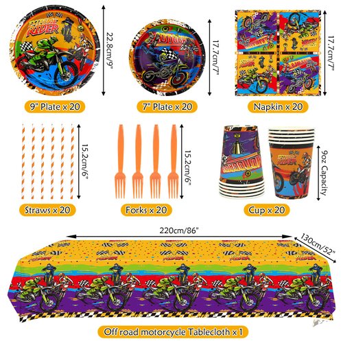 Dirt Bike Party Supplies, Includes Plate, Napkin, Cups, Forks, Tablecloth, for Kids Boys Girls Motorcycle Extreme Sports Birthday Decorations, Serve 20