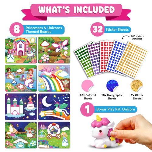 Funcils Dot Art Activity - Unicorn & Princess Sticker Art Kit, Toddler Arts & Crafts for Kids, Stocking Stuffers, Christmas Gifts for Boys & Girls Ages 3, 4, 5, 6, 7 Year Old - Travel Activities Toys