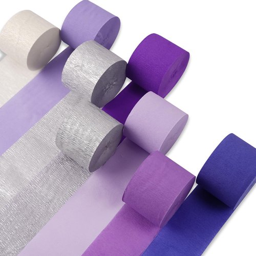 PartyWoo Crepe Paper Streamers 8 Rolls 656ft, Pack of Purple, Silver and White Streamers Party Decorations, Crepe Paper for Birthday Party Decorations, Baby Shower Decorations (1.8 in x 82 Ft/Roll)