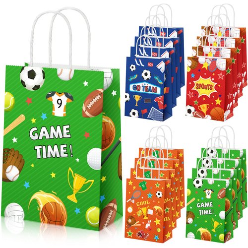 16 Pieces Sport Party Favors Sports Themed Gift Bags for Kids Ball Candy Goodie Paper Bags Football Soccer Baseball Basketball Printed for Birthday Party Decorations