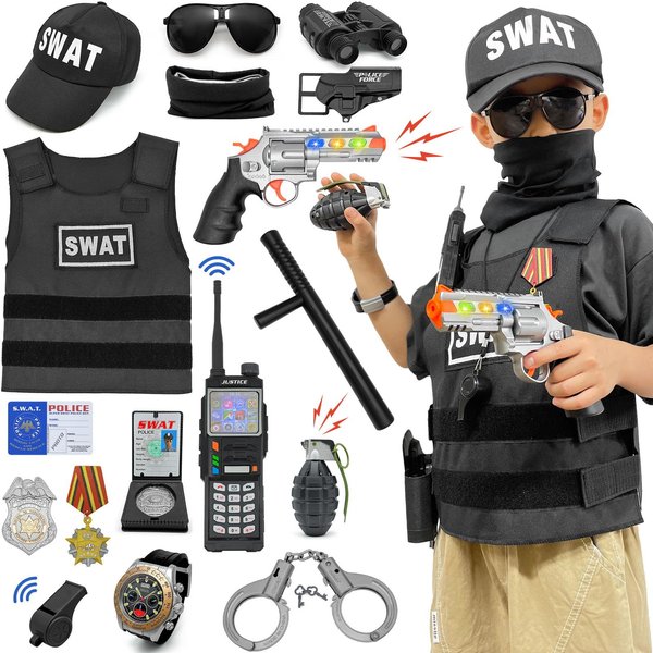 FUNCREVITY Police Officer Costume For Kids Include Police Baton Badge Handcuffs Vest Toy Gun SWAT Costume Role Play Set Halloween Costumes Christmas Birthday Gift For Boys 3-8 Years Old