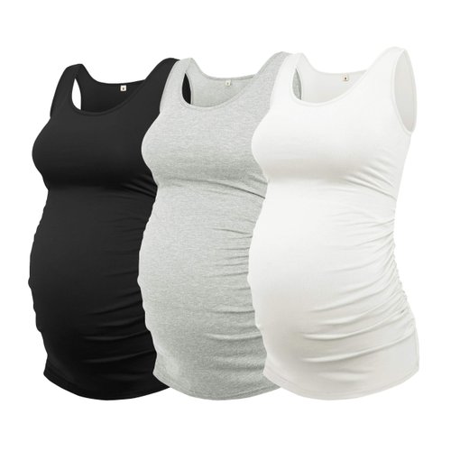 AMPOSH Women's Maternity Tank Top 3 Pack Ruched Side Sleeveless Pregnancy Basic Shirt(Black/Gray/White, M)
