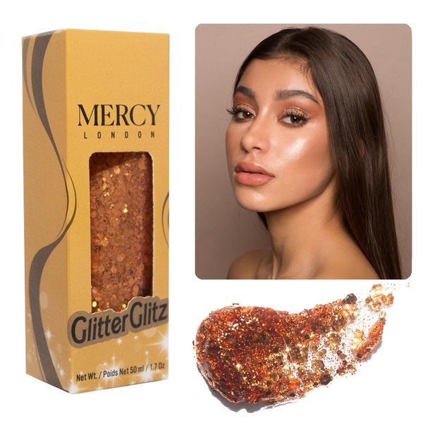MERCY LONDON Glitter Glitz Gold Gel. 50ml Chunky Glitter Gel for Hair Glitter, Eye and Body. Gel Makeup Glitter for Women