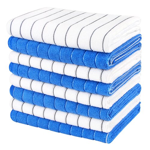 AIDEA Dish Towels-8Pack, 18”x26”, Super Soft and Absorbent, Multi-Purpose Kitchen Towels for Home, Kitchen-White/Blue