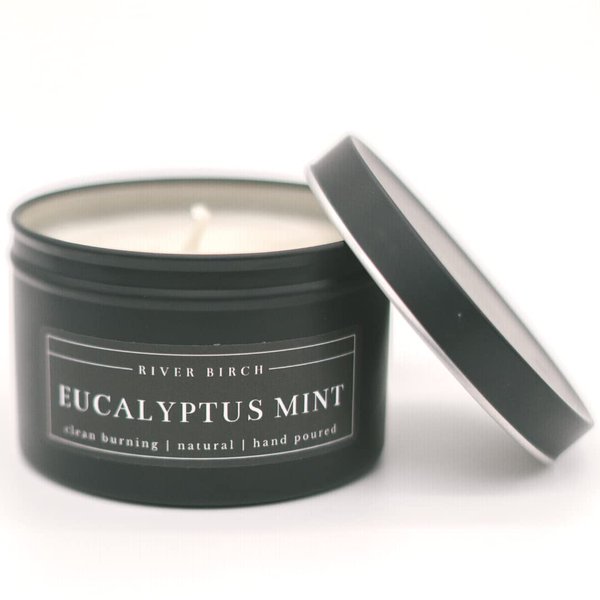 River Birch Candles Eucalyptus Mint Scented Candle | Premium, All-Natural, Non-Toxic, Soy Candles | 8 oz. Black Matte Tin Travel Candle | Cozy Relaxing Gifts for Home