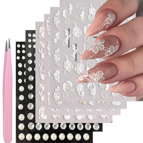 VOTACOS Wedding Nail Art Stickers 6 Sheets White 5D Embossed Nail Decals with Self-Sdhesive Nail Pearls and Rhinestoens 3D Nail Supplies for Wedding Nail Art Design Decoration with Manicure Tweezers
