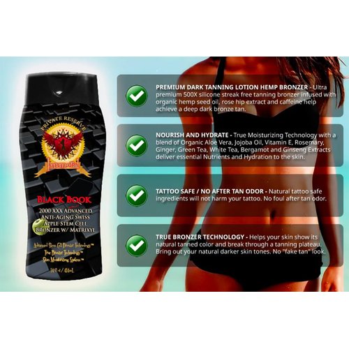 Immoral Black Book 2000 XXX Advanced Anti-Aging Stem Cell Matrixyl Bronzing Tanning Lotion Streak Free Tattoo Safe Tanning Bed Silicone Dark Bronzer, Intensifier, Accelerator and Tan Maximizer, 14 Oz