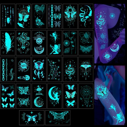 Luminous Mystic Boho Temporary Tattoo - Luvsweets 26 Sheets Butterfly Flower Glow In The Dark Temporary Tattoos for Women Girls Adult Glitter Fake Tattoo Stickers Party Decorations Supplies Favors