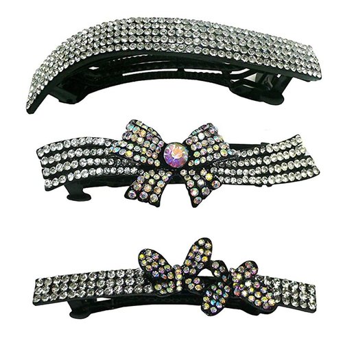 Set of 6 Crystal Barrettes 2 each of 3 Styles Crystal White on Black Trim-3-2NM2Bfa3