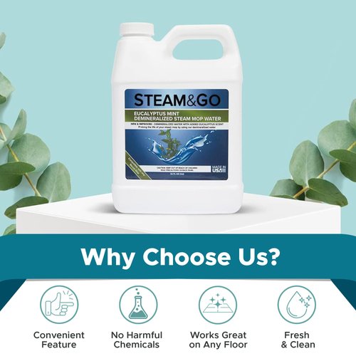 Steam & Go - Demineralized Water for Steam Cleaner, PVC-Free Floor Cleaner Liquid Compatible With Any Mop Steamer, Ready-to-Use Multisurface Cleaner, Scented Mop Solution, Eucalyptus Mint, 32 oz