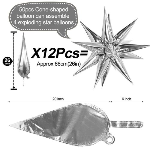 50 Pcs Silver Foil Cone Star Balloons Big 26 inch Silver Explosion Star Mylar Balloons 12 Point 3D Starburst Star Balloons for Party Supplies Christmas Birthday Wedding Decorations Party Supplies