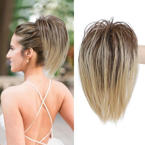 YOLANFAIRY Messy Bun Hair Piece Claw Clip in Hair Buns Hair Piece for Women Straight Short High Ponytail Extension Tousled Updo Faux Hair Bun Scrunchies for Girls (Brown Mix Ash Blonde)