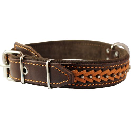 Genuine Leather Braided Studded Dog Collar, Brown 1.5" Wide. Fits 17"-22" Neck.