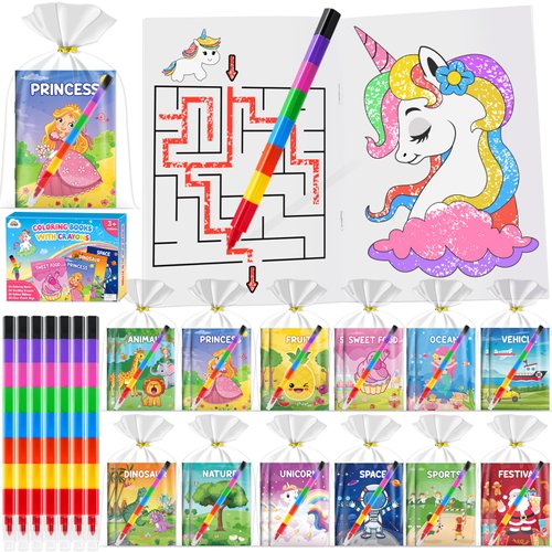 ZMLM 24 Coloring Books for Kids Party Favors Bulk with 24 Stacking Crayons, Mini Coloring Books for Ages 4-8 Small Valentines Day Easter Basket Goodie Bag Stuffers for Toddlers Crafts Classroom