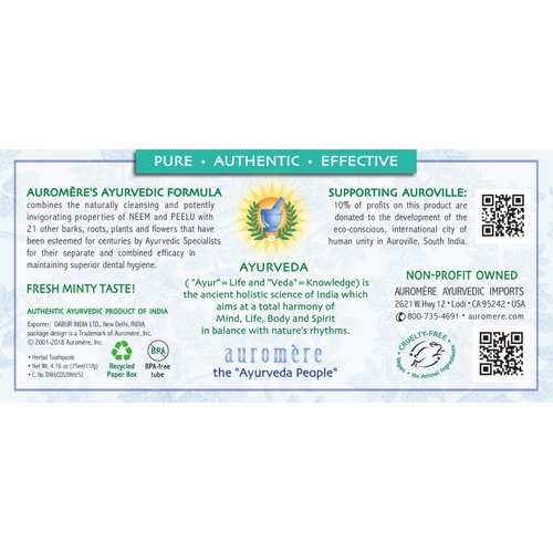 Auromere Ayurvedic Herbal Toothpaste, Fresh Mint - Vegan, Natural, Non GMO, Fluoride Free, Gluten Free, with Neem & Peelu (4.16 oz), 1 Pack