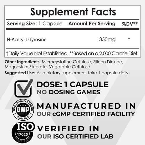 Nootropics Depot N-Acetyl L-Tyrosine Capsules | 350mg | 120 Count | NALT | Amino Acid Supplement | Natural Supplement | Supports Memory, Learning, Focus, Healthy Stress Levels