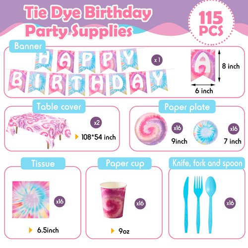 Zonon Tie Dye Birthday Decorations Set, Colorful Birthday Party Supplies Include Tie Dye Tablecloth, Plates and Napkins, Cups, Banner for Birthday Christmas Party Decorations Gifts(Vintage Style)
