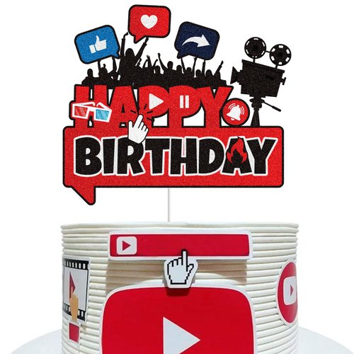 Social Media Happy Birthday Cake Topper Red Glitter Playing Musical Subscribe Cake Decoration Teens Boys Girls Adult Birthday Party Supplies