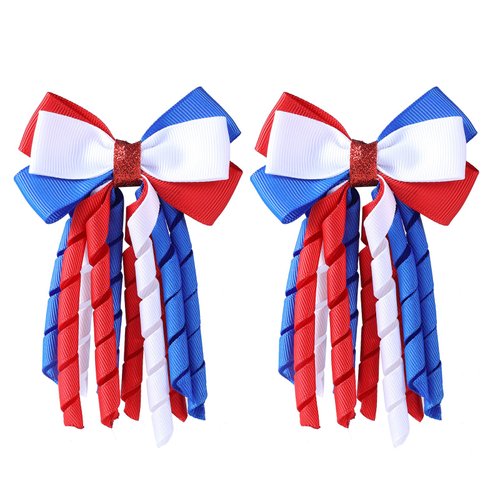 SUPCLIPS Independence Day Hair Bow Clips 3 Inch Red White Blue Curly Ribbon Hair Clips Handmade S...