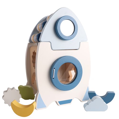 Neo LOONS Wooden Rocket Activity Cube, Space Themed Toys for Toddlers 1-3 Year Old, 5 in 1 Shape Sorter Toys Space Busy Board Toys, Wooden Rocket Montessori Toys for Boys and Girls