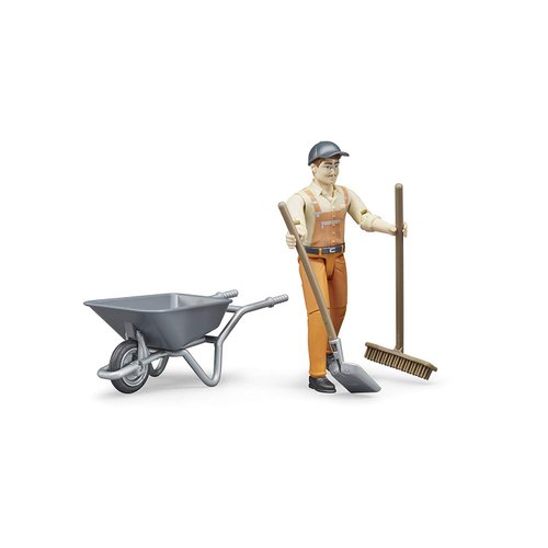 Bruder Toys - Bworld Municipal Worker in Dungarees and Cap Action Figure with Grasping Hands and Moveable Limbs and Head - Figure Includes Broom, Shovel, and Wheelbarrow - Ages 4+