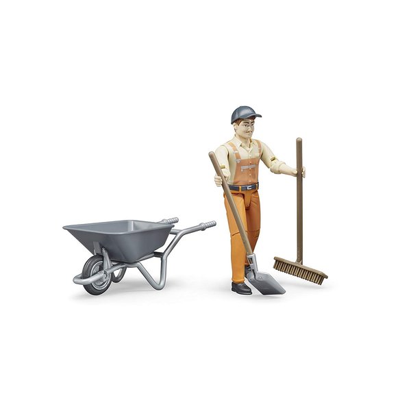 Bruder Toys - Bworld Municipal Worker in Dungarees and Cap Action Figure with Grasping Hands and Moveable Limbs and Head - Figure Includes Broom, Shovel, and Wheelbarrow - Ages 4+