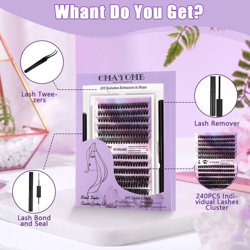 DIY Lash Extension Kit with Lash Bond and Seal Lash Tweezers, 240PCS 30D+40D Multilayered Cluster Lash Clusters, Reusable Fluffy Individual Lashes Cluster