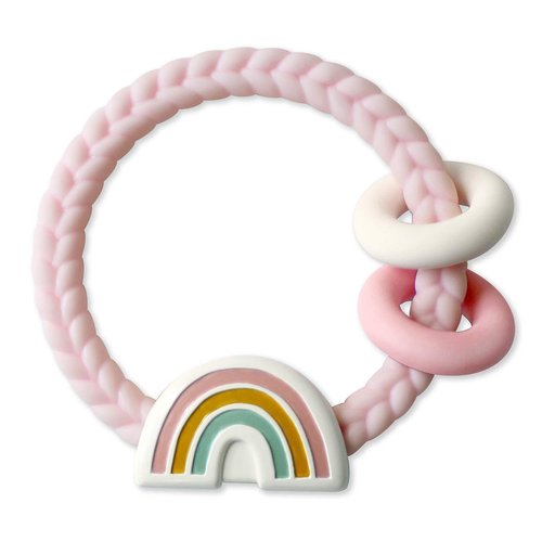 Itzy Ritzy Silicone Teether with Rattle; Rattle Teether Features Rattle Sound, Two Silicone Teething Rings and Raised Texture to Soothe Gums; Ages 3 Months and Up (Pink Rainbow)