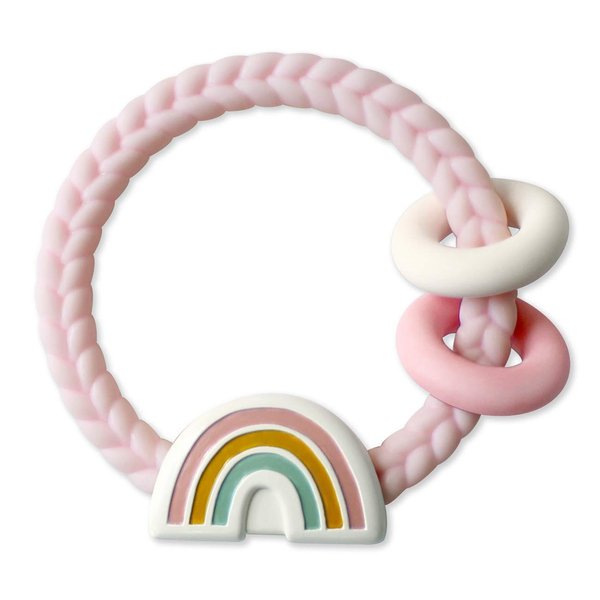 Itzy Ritzy Silicone Teether with Rattle; Rattle Teether Features Rattle Sound, Two Silicone Teething Rings and Raised Texture to Soothe Gums; Ages 3 Months and Up (Pink Rainbow)