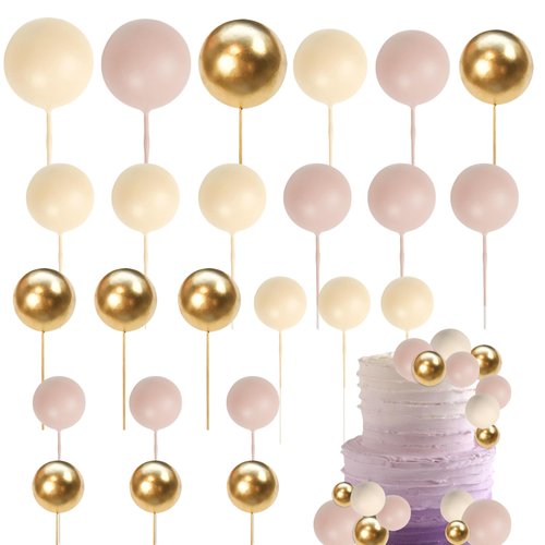 24 PCS Colorful Balls Cupake Toppers Mini Balloon Cake Toppers DIY Foam Ball Cake Insert Decoration for Wedding Anniversary Baby Shower Birthday Party Decorations Supplies Light Brown Khaki Gold