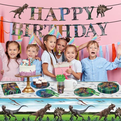 Poqirzan 98PCS Dinosaur Birthday Party Supplies Dinosaur Party Tableware Set Dinosaur Theme Birthday Party Decoration for Boys Girls Dino Paper Plates and Napkins Dinnerware Tablecloth Banner Serve 16