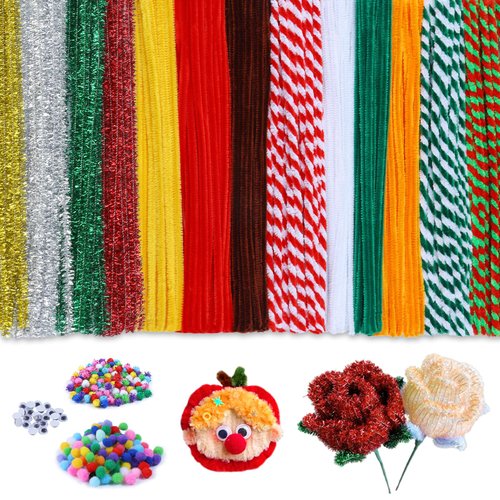 500PCS Pipe Cleaners, 10 Colors Pipe Cleaners Bulk+200PCS Pom Poms, Chenille Stems Pipe Cleaners Craft Set for Christmas Arts and Crafts Supplies