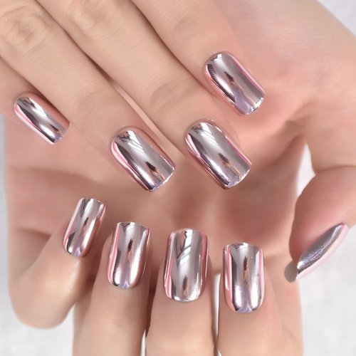 Pink Metallic Fake Nails Short Full Cover Mirror Salon False Nail Art Tips for Women Decoration