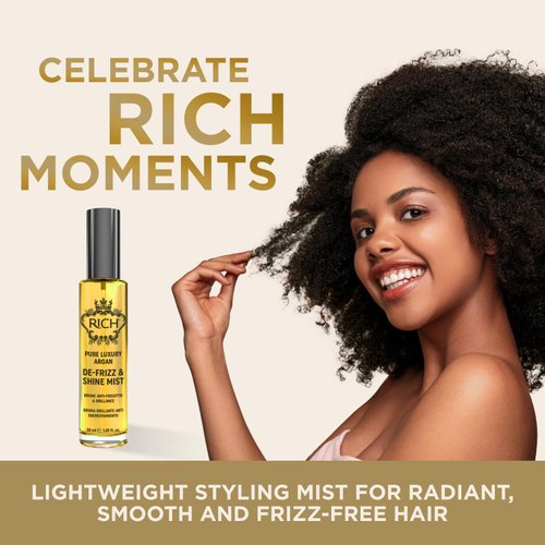 RICH Pure Luxury Argan De-Frizz & Shine Hair Mist - Lightweight Formula, Hydration, Frizz Protection - enrich with Argan Oil and Almond Oil - 1.69 Oz